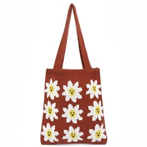 women’s shoulder handbags crochet tote bag for women girl canvas shoulder handbags cute large purse (brown)