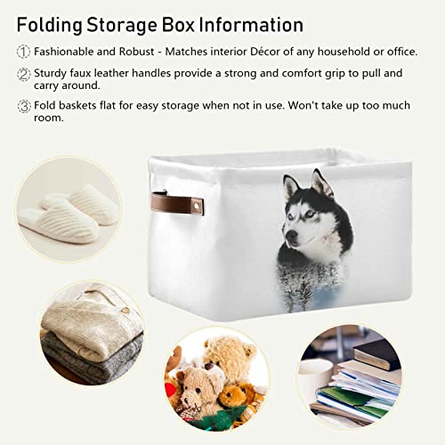 Gougeta Foldable Storage Basket with Handle, Cute Siberian Husky Dog Rectangular Canvas Organizer Bins for Home Office Closet Clothes Toys 1 Pack