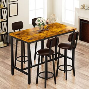 awqm bar table and chairs set industrial counter height pub table with 4 chairs bar table set 5 pieces dining table set home kitchen breakfast table, pu upholstered stools with backrest, rustic brown