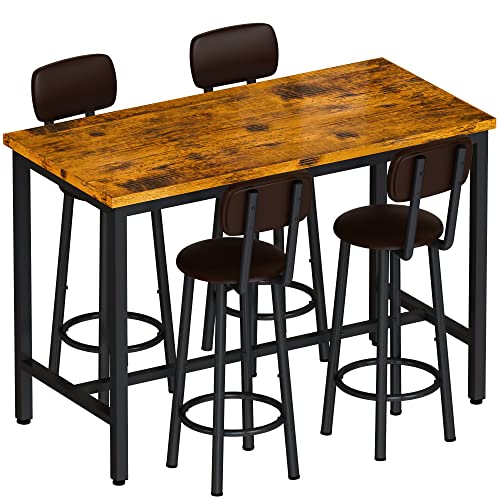 AWQM Bar Table and Chairs Set Industrial Counter Height Pub Table with 4 Chairs Bar Table Set 5 Pieces Dining Table Set Home Kitchen Breakfast Table, PU Upholstered Stools with Backrest, Rustic Brown