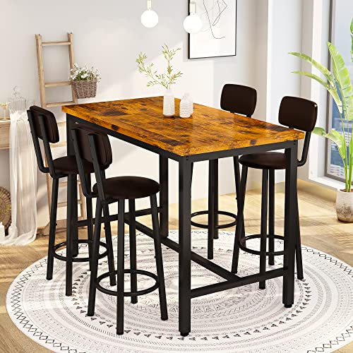 AWQM Bar Table and Chairs Set Industrial Counter Height Pub Table with 4 Chairs Bar Table Set 5 Pieces Dining Table Set Home Kitchen Breakfast Table, PU Upholstered Stools with Backrest, Rustic Brown