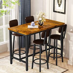 AWQM Bar Table and Chairs Set Industrial Counter Height Pub Table with 4 Chairs Bar Table Set 5 Pieces Dining Table Set Home Kitchen Breakfast Table, PU Upholstered Stools with Backrest, Rustic Brown