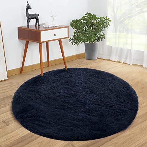 CAROMIO Navy Fluffy Round Rug, Fluffy Faux Fur Circle Rug 4x4 Feet for Kids Room, Furry Carpet for Teen Girls Room Shaggy Circular Rug for Nursery Room Fuzzy Plush Rug for Dorm