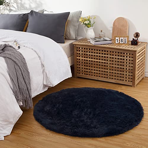 CAROMIO Navy Fluffy Round Rug, Fluffy Faux Fur Circle Rug 4x4 Feet for Kids Room, Furry Carpet for Teen Girls Room Shaggy Circular Rug for Nursery Room Fuzzy Plush Rug for Dorm