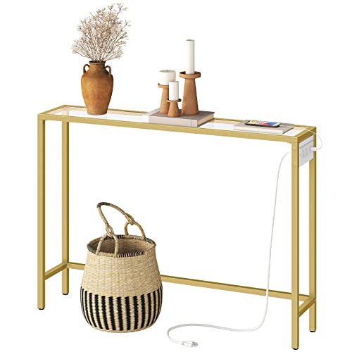 HOOBRO Gold Console Table, Tempered Glass Sofa Table, 39.4" Modern Entryway Table with USB Ports, for Entryway, Living Room, Foyer, Hallway GD01UXG01