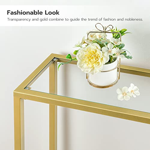 HOOBRO Gold Console Table, Tempered Glass Sofa Table, 39.4" Modern Entryway Table with USB Ports, for Entryway, Living Room, Foyer, Hallway GD01UXG01