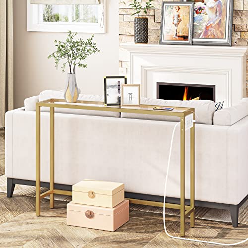 HOOBRO Gold Console Table, Tempered Glass Sofa Table, 39.4" Modern Entryway Table with USB Ports, for Entryway, Living Room, Foyer, Hallway GD01UXG01