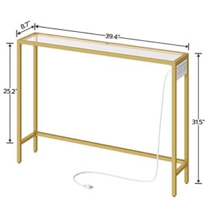 HOOBRO Gold Console Table, Tempered Glass Sofa Table, 39.4" Modern Entryway Table with USB Ports, for Entryway, Living Room, Foyer, Hallway GD01UXG01