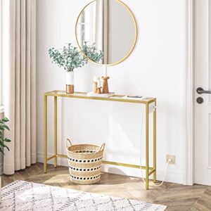 HOOBRO Gold Console Table, Tempered Glass Sofa Table, 39.4" Modern Entryway Table with USB Ports, for Entryway, Living Room, Foyer, Hallway GD01UXG01