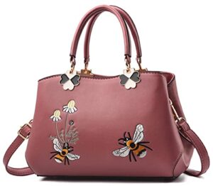 women’s pu elegant shoulder bags wild handbags satchel embroidery bee flower crossbody purse (pink)
