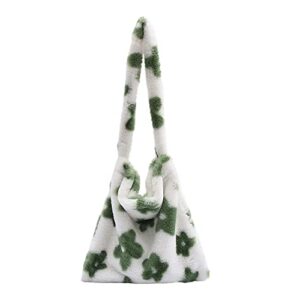 fluffy tote bag y2k fuzzy hobo bag purse plush furry aesthetic shoulder bag for autumn winter (green-flower)