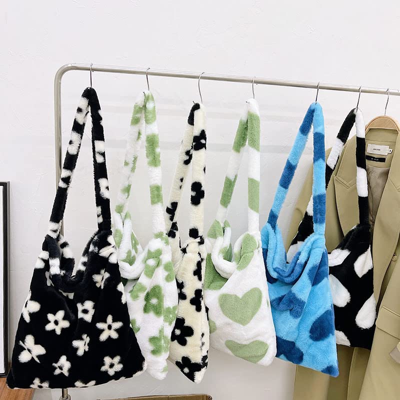 Fluffy Tote Bag Y2K Fuzzy Hobo Bag Purse Plush Furry Aesthetic Shoulder Bag for Autumn Winter (Green-Flower)