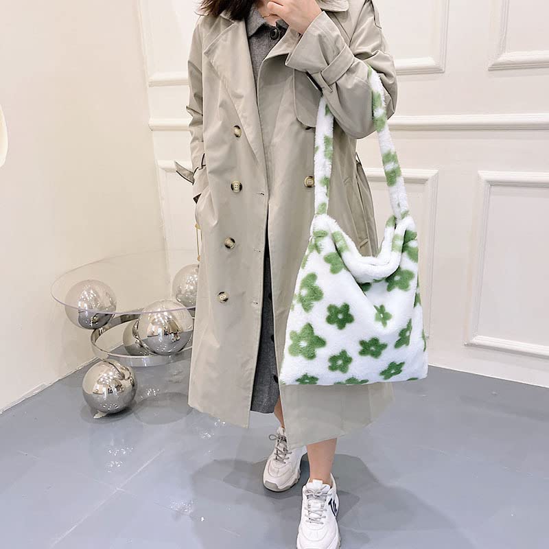 Fluffy Tote Bag Y2K Fuzzy Hobo Bag Purse Plush Furry Aesthetic Shoulder Bag for Autumn Winter (Green-Flower)