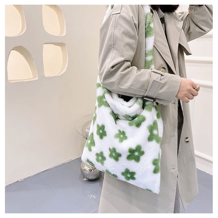 Fluffy Tote Bag Y2K Fuzzy Hobo Bag Purse Plush Furry Aesthetic Shoulder Bag for Autumn Winter (Green-Flower)