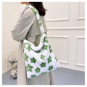 Fluffy Tote Bag Y2K Fuzzy Hobo Bag Purse Plush Furry Aesthetic Shoulder Bag for Autumn Winter (Green-Flower)