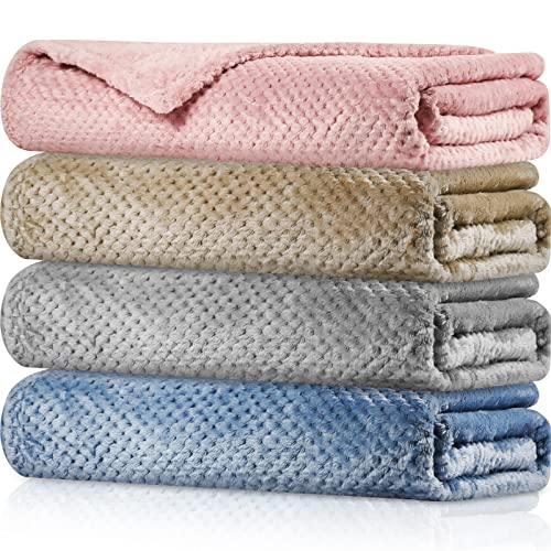 4 Pcs Large Throw Blanket for Bed Couch Waffle Textured Soft Fleece Blanket Winter Fuzzy Baby Blanket, Cozy, Lightweight, Warm, Plush, 50 x 70 Inches, 4 Colors