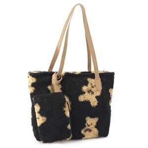 ynport cute bear plush tote handbag for women large faux fur shoulder purse aesthetic fuzzy lamb wool work shopping bag