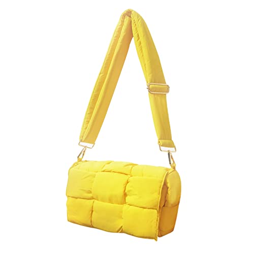 Women's shoulder bag puffer cassette purse hand woven down fabric cotton padded handbag (Lemon)