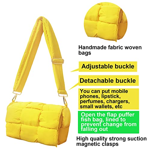 Women's shoulder bag puffer cassette purse hand woven down fabric cotton padded handbag (Lemon)