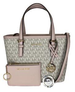 michael kors jet set travel xs carryall convertible top zip tote bundled with sm tz coinpouch and purse hook (signature mk vanilla/pink)