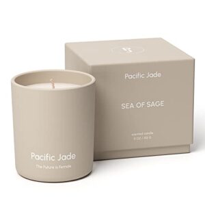 pacific jade hand poured 100% natural soy candle 14oz – luxury fragrance in matte glass for home or gift – premium cotton wick for 60 hours burn time – woman-founded brand (sea of sage)
