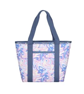 lesportsac radiant reflections everyday zip tote handbag/travel bag, style 3867/color e541, abstract retro swirls & hearts, soft pastels: blue, pink, amethyst & cream, subtle iridescent sheen