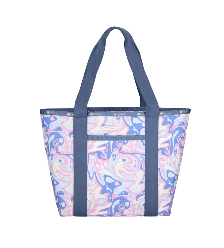 LeSportsac Radiant Reflections Everyday Zip Tote Handbag/Travel Bag, Style 3867/Color E541, Abstract Retro Swirls & Hearts, Soft Pastels: Blue, Pink, Amethyst & Cream, Subtle Iridescent Sheen