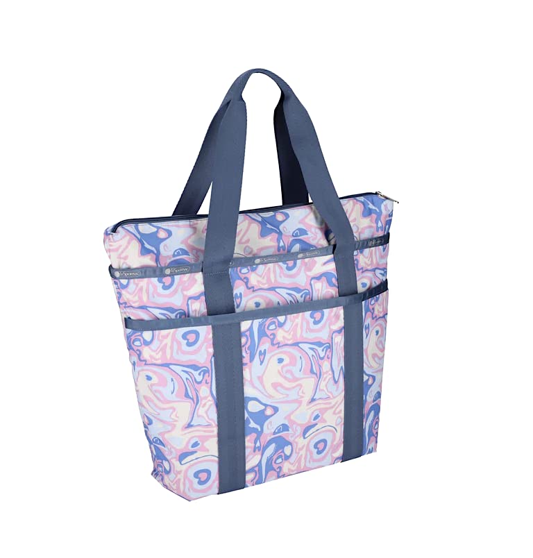 LeSportsac Radiant Reflections Everyday Zip Tote Handbag/Travel Bag, Style 3867/Color E541, Abstract Retro Swirls & Hearts, Soft Pastels: Blue, Pink, Amethyst & Cream, Subtle Iridescent Sheen