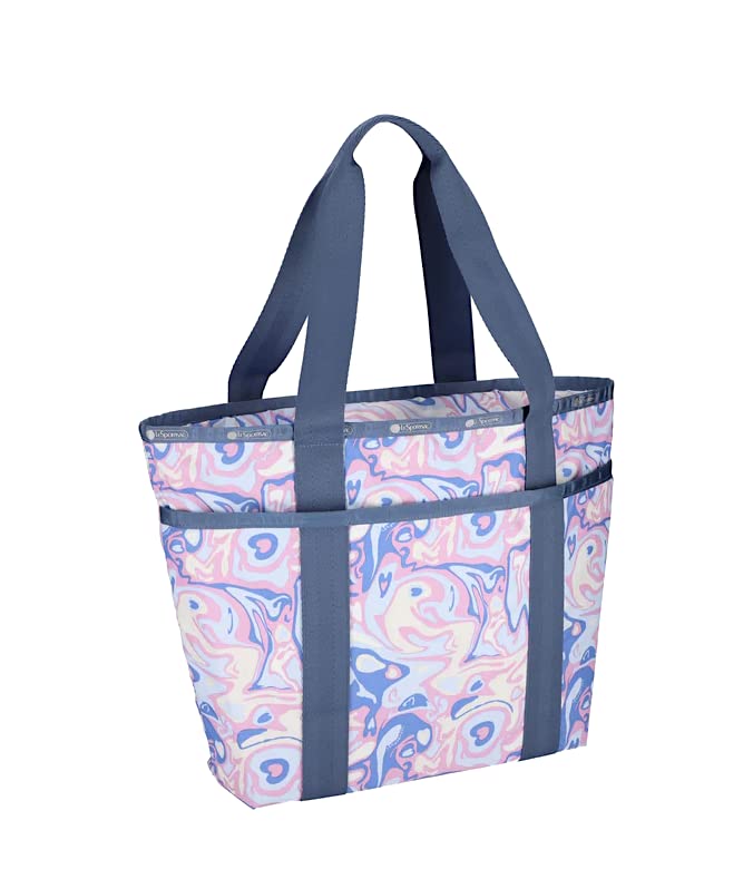 LeSportsac Radiant Reflections Everyday Zip Tote Handbag/Travel Bag, Style 3867/Color E541, Abstract Retro Swirls & Hearts, Soft Pastels: Blue, Pink, Amethyst & Cream, Subtle Iridescent Sheen