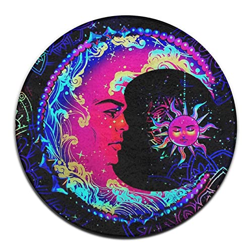 Psychedelic Sun and Moon Neon Art Round Area Rug for Bedroom, Living Room, Home, Hotel, Memory Foam Floor Pad Rugs Entryway Rug, Anti Slip Fast Dry Woman Yoga Mat (24 inch Diameter)