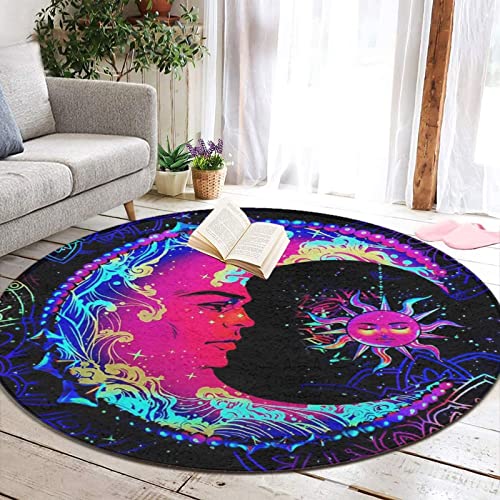 Psychedelic Sun and Moon Neon Art Round Area Rug for Bedroom, Living Room, Home, Hotel, Memory Foam Floor Pad Rugs Entryway Rug, Anti Slip Fast Dry Woman Yoga Mat (24 inch Diameter)