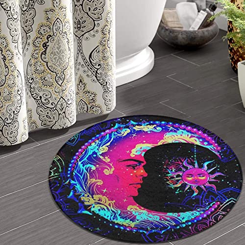 Psychedelic Sun and Moon Neon Art Round Area Rug for Bedroom, Living Room, Home, Hotel, Memory Foam Floor Pad Rugs Entryway Rug, Anti Slip Fast Dry Woman Yoga Mat (24 inch Diameter)