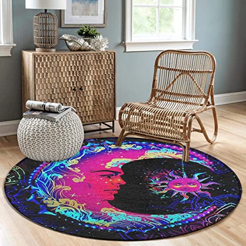 Psychedelic Sun and Moon Neon Art Round Area Rug for Bedroom, Living Room, Home, Hotel, Memory Foam Floor Pad Rugs Entryway Rug, Anti Slip Fast Dry Woman Yoga Mat (24 inch Diameter)