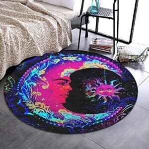 Psychedelic Sun and Moon Neon Art Round Area Rug for Bedroom, Living Room, Home, Hotel, Memory Foam Floor Pad Rugs Entryway Rug, Anti Slip Fast Dry Woman Yoga Mat (24 inch Diameter)