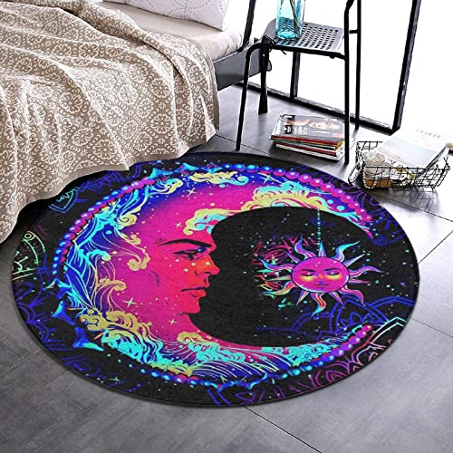 Psychedelic Sun and Moon Neon Art Round Area Rug for Bedroom, Living Room, Home, Hotel, Memory Foam Floor Pad Rugs Entryway Rug, Anti Slip Fast Dry Woman Yoga Mat (24 inch Diameter)