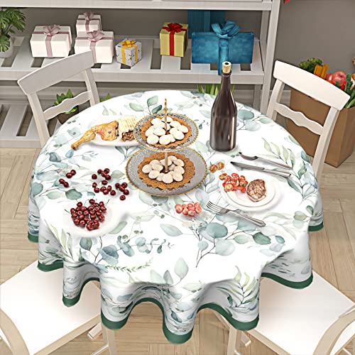 Spring Flower Tablecloth Round 60 Inch Sage Green Leaf Floral Round Tablecloth Farmhouse Watercolor Eucalyptus Decor Tablecloths Waterproof Polyester Table Cloth Round for Holiday Home party Decor