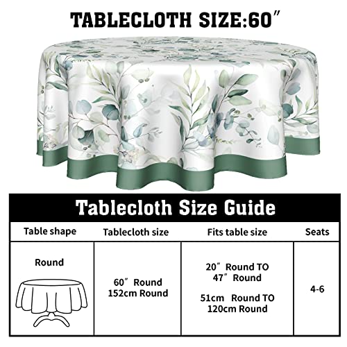 Spring Flower Tablecloth Round 60 Inch Sage Green Leaf Floral Round Tablecloth Farmhouse Watercolor Eucalyptus Decor Tablecloths Waterproof Polyester Table Cloth Round for Holiday Home party Decor