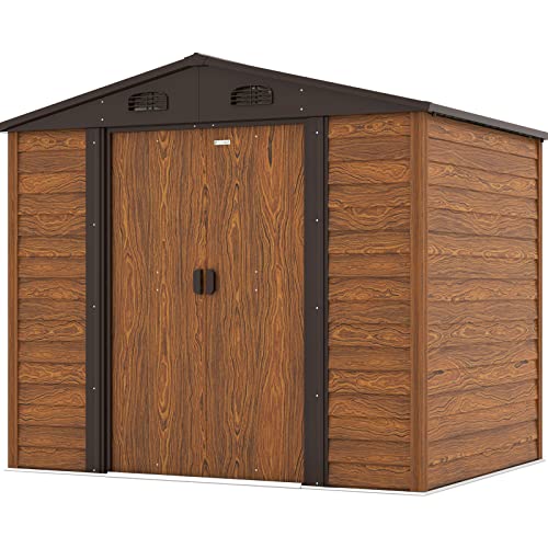 Patiowell 8x6 FT Wood Look Outdoor Storage Shed,Garden Tool Storage Shed with Sloping Roof and Double Lockable Sliding Door, Metal Shed for Garden Backyard Patio Lawn