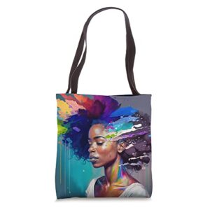 expressionism rain cloud and rainbows in hair black woman tote bag