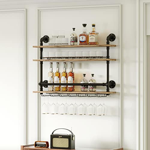 HKaikzo 36” L Industrial Pipe Shelves 3 Tier Hanging Wine Rack Wall Mounted, with 6 Stem Glass Holder Kitchen/Living Room/Home Wood Floating Wall Shelf