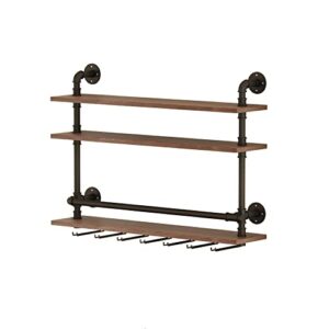 HKaikzo 36” L Industrial Pipe Shelves 3 Tier Hanging Wine Rack Wall Mounted, with 6 Stem Glass Holder Kitchen/Living Room/Home Wood Floating Wall Shelf