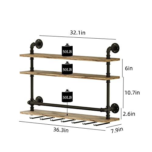 HKaikzo 36” L Industrial Pipe Shelves 3 Tier Hanging Wine Rack Wall Mounted, with 6 Stem Glass Holder Kitchen/Living Room/Home Wood Floating Wall Shelf