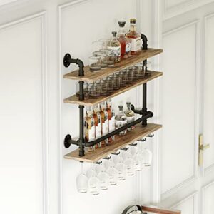 HKaikzo 36” L Industrial Pipe Shelves 3 Tier Hanging Wine Rack Wall Mounted, with 6 Stem Glass Holder Kitchen/Living Room/Home Wood Floating Wall Shelf