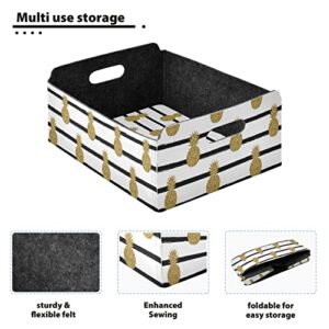 CaTaKu Foldable Storage Basket Gold Glitter Pineapple Collapsible Felt Storage Bins with Handle Drawer Organizer Bin Cube Shelf Box for Organizing Closet Clothes Office Books Bedroom