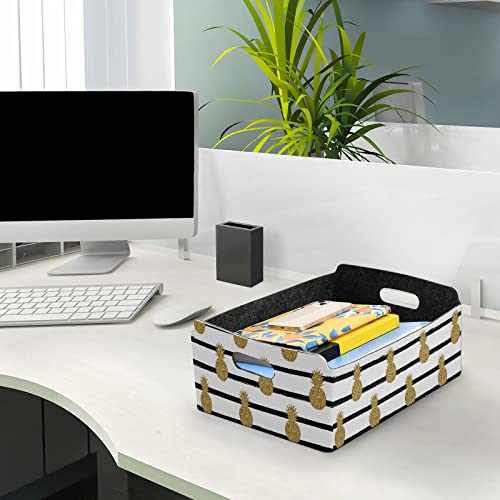 CaTaKu Foldable Storage Basket Gold Glitter Pineapple Collapsible Felt Storage Bins with Handle Drawer Organizer Bin Cube Shelf Box for Organizing Closet Clothes Office Books Bedroom