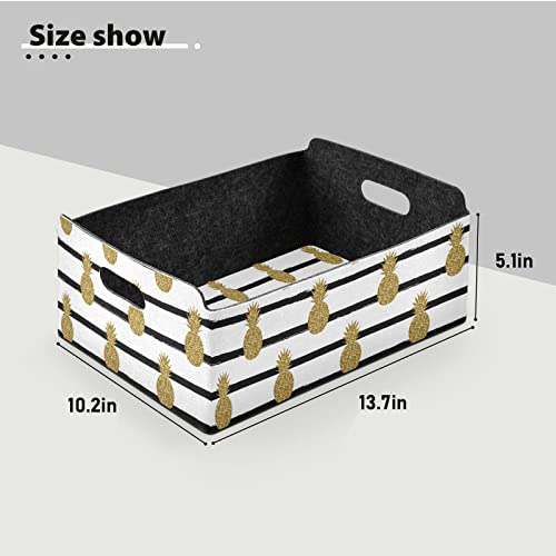 CaTaKu Foldable Storage Basket Gold Glitter Pineapple Collapsible Felt Storage Bins with Handle Drawer Organizer Bin Cube Shelf Box for Organizing Closet Clothes Office Books Bedroom