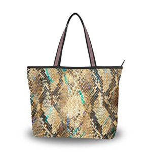 zenwawa snake leopard skin tote bag aesthetic, zipper large capacity women grocery bag purse shoulder bag 2 sizes
