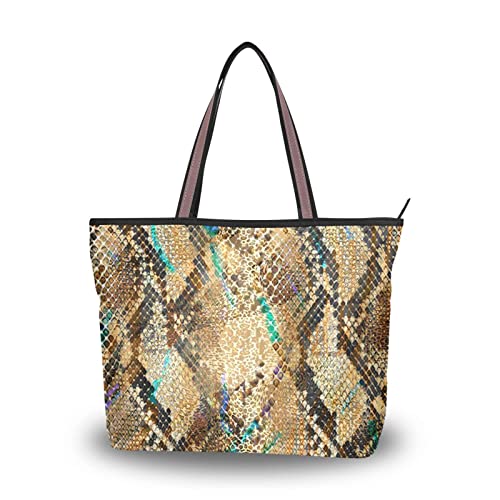 ZENWAWA Snake Leopard Skin Tote Bag Aesthetic, Zipper Large Capacity Women Grocery Bag Purse Shoulder Bag 2 Sizes