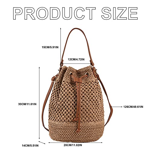 OWGSEE Straw Bucket Bag for Women, Summer Woven Beach Bag Drawstring Hobo Bucket Purses Handbag for Vacation (Khaki)