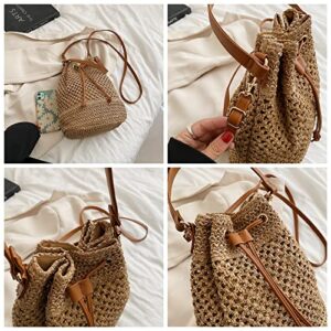 OWGSEE Straw Bucket Bag for Women, Summer Woven Beach Bag Drawstring Hobo Bucket Purses Handbag for Vacation (Khaki)